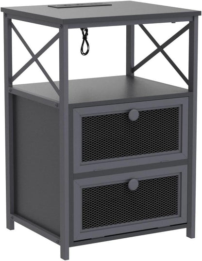 VECELO Black End Table with USB Ports and Outlets,24 Inch Nightstands with Charging Station and Storage Shelf for Bedroom,Living Room, 1 Set