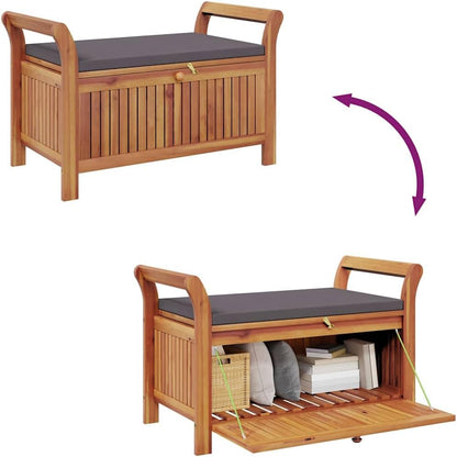 Solid Acacia Wood Patio Storage Bench with Cushion, 35.8 Inch Outdoor Bench for Garden, Curved Arms, Ample Storage for Pillows and Blankets