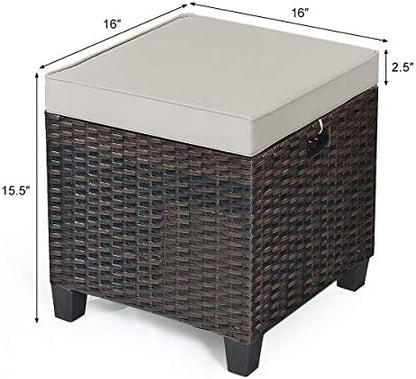 RELAX4LIFE 2-Piece Patio Ottoman Set - Wicker Footstools, All Weather PE Rattan Ottoman with Removable Cushions, Square Footrest Seat, Outdoor Stools for Garden, Porch, Pouf Ottoman (Brown)