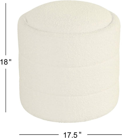Storage Ottoman, 18 Inch Round Removable Lid, White Boucle Fabric