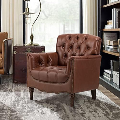 HULALA HOME Mid Century Modern Genuine Leather Accent Chair Set of 2, Brown | Button Tufted Leather Armchair, Upholstered Club Chair with Nailhead Trim, Solid Wood Legs, for Living Room Bedroom