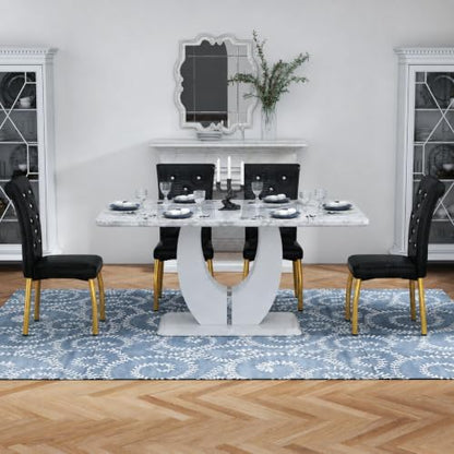 5 Piece Faux Marble Dining Table Set for 4, 63" Rectangular Kitchen Table and Chairs Set with 4 Tufted PU Leather High Back Chairs, Modern Dining Room Table Set with U-Shaped Pedestal Base, White Gold