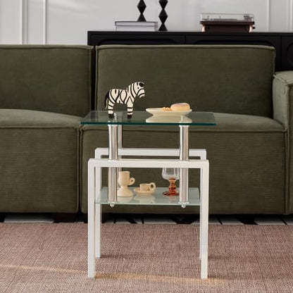 Glass End Table Tea Table with Shelf Side Table with Metal Legs Modern Small Tables for Living Room (White)