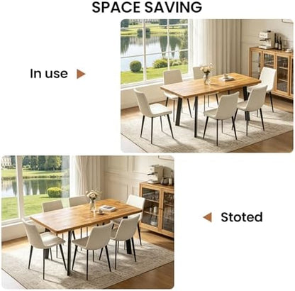 47.2"-63" Expandable Dining Room Table Set for 4-8 People, Walnut | Removable Extension Leaf, Durable MDF Rectangle Top, 6 Beige Sleek Faux Leather Chairs, Heavy Duty Modern Kitchen Table Set