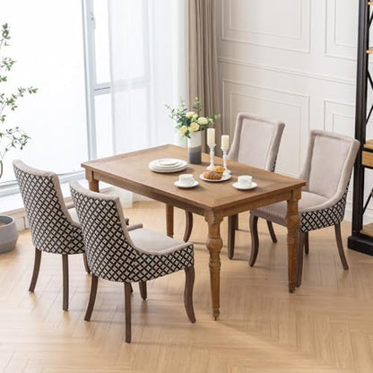 Beige Pattern Upholstered Dining Chairs Set of 4, Farmhouse Kitchen Chairs | Nailhead trim; solid wood legs; breathable fabric; high back; easy assembly; heavy duty dining chairs 400 lb capacity