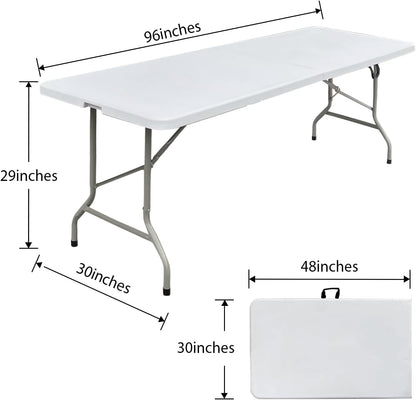 8ft Folding Table Heavy Duty 8 Foot Portable Foldable Table | Carry Handle, Fold-in-Half Design, Blow Molded Tabletop, Perfect for Party, Dining, Banquet, Picnic and Camping, White