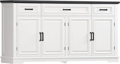 usikey 59” Large Buffet Cabinet with 4 Doors and 3 Drawers, Buffet Sideboard Cabinet with Storage and 2 Adjustable Shelves, Coffee Bar, Wine Bar for Living Room, White
