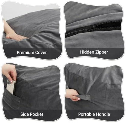 Kromax Bean Bag Chair with Filling Included, Large 4FT Comfy Bean Bag Chairs for Adults, Teens, Memory Foam, Machine Washable Thick Dutch Velvet Cover, for Living Room, Den, or Bedroom, Dark Grey