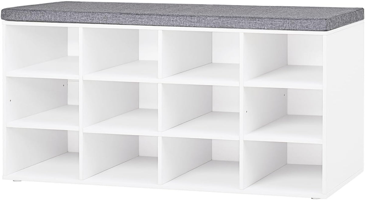 DINZI LVJ Shoe Storage Bench with Cushion, Cubby Shoe Rack with 12 Cubbies, Adjustable Shelves, Multifunctional Shoe Organizer Bench for Entryway, Mudroom, Hallway, Closet and Garage, White