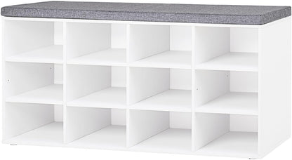 DINZI LVJ Shoe Storage Bench with Cushion, Cubby Shoe Rack with 12 Cubbies, Adjustable Shelves, Multifunctional Shoe Organizer Bench for Entryway, Mudroom, Hallway, Closet and Garage, White