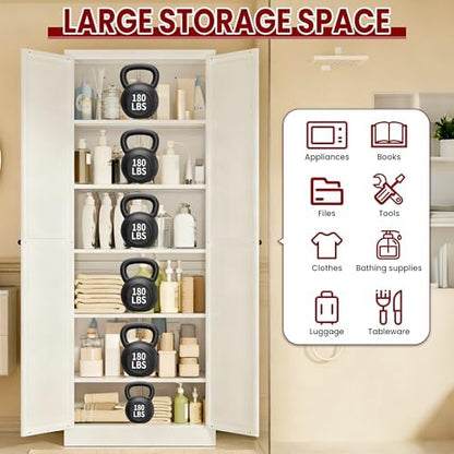 AQY Metal Pantry Cabinet, 72" White Kitchen Storage Cabinet with Doors