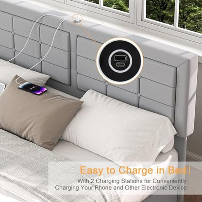 VECELO Full Size Bed Frame with 4 Drawers, Adjustable Tufted Button Headboard, Upholstered Platform with Wood Slats Support, Built-in USB and Type C Ports, Light Gray
