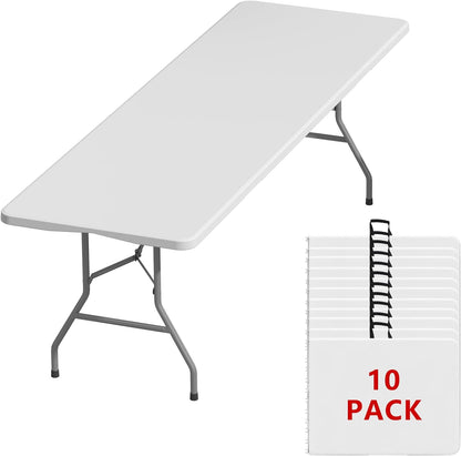 8FT Folding Tables – Heavy Duty Portable Foldable Picnic Table with Built-in Handle, 450 lb Capacity – Ideal for Events, Parties, Crafts, Camping & Dining (10-Pack, White)