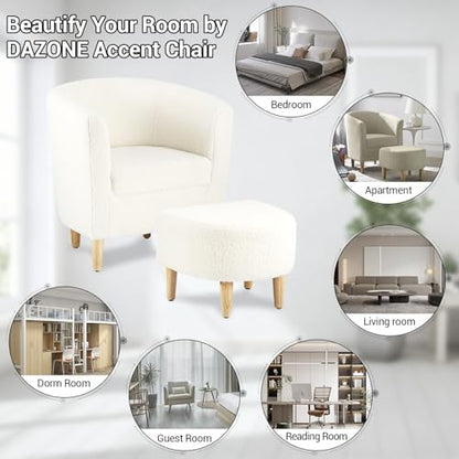 DAZONE Sherpa Accent Chair with Ottoman White Fluffy Teddy Barrel Armchair | Small Side Chair for Living Room, Bedroom, Reading Corner, Footrest, Boucle Corner Armchair, Solid Wood Legs, Soft Cushion