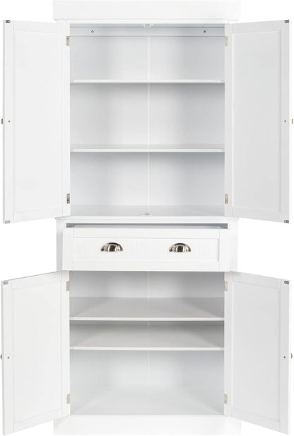 VINGLI 71-Inch White Storage Cabinets with Drawers, Freestanding Pantry Cabinets with Doors and Shelves Adjustable, Wood Farmhouse Kitchen Pantry Cupboard