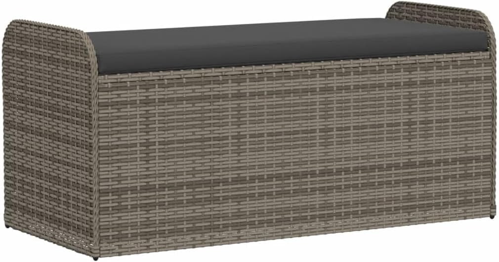 Poly Rattan Patio Storage Bench with Cushion, 45.3 Inch Outdoor Seat with Waterproof Bag and Gas Spring, Gray
