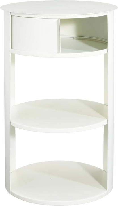 Christopher Knight Home Pomme 3-Tier Metal Small Side Table, Narrow Bedside Table with Sliding Door Cabinet, Bedroom Decoration Organizer, Round End Table with Storage, Space Saving, Matte White
