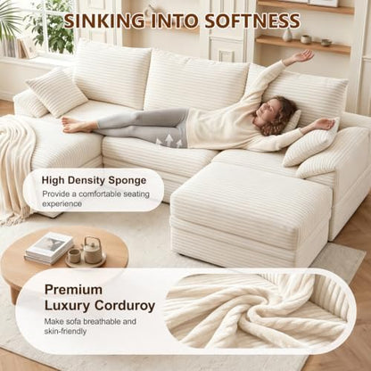 107" Modular Sectional Sofa Couch with Storage,U-Shape 3 Seat Comfy Modern Cloud Couch Sofa with Ottoman, 27" Deep Seat Corduroy Sofa for Living Room, Tool-Free Assembly - Beige