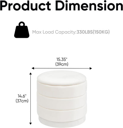 15.4" Round Velvet Storage Ottoman with Reversible Lid, Upholstered Circular Ottoman Footrest with Hidden Storage, Foldable Padded Footstool for Dorm Living Room & Bedroom, White