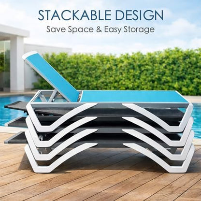 Kozyard Outdoor Chaise Lounge Chair, Full Flat Adjustable Patio Lounger with Aluminum Frame & Resin Legs, Textilene Fabric for Poolside, Backyard & Beach (Blue, 2Chairs + Table)