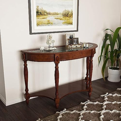 PADMA HOUSE 2-Tier Traditional Wood Semi-Circle Sofa Table with Glass Top | Cherry Walnut 45.3"W*17.7"D*30.9"H, Half-moon Console Table with Shelf for Living Room, Glass Entry Table for Homeoffice
