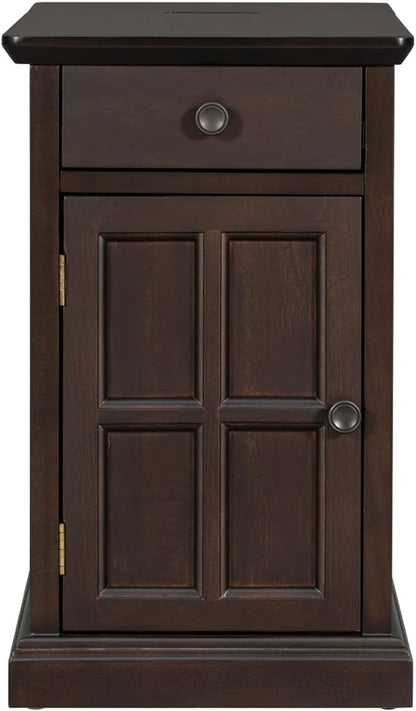 Traditional Narrow End Table with Charging Station, Antique Espresso Wood Side Table with Drawer Storage, No Assembly, for Living Room, Bedroom, or Office