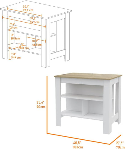 2 Piece Kitchen Set with Island and Pantry Cabinet, White/Light Oak | Includes interlocking mechanism for assembly without tools