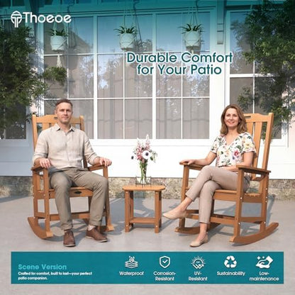 THOEOE Outdoor Rocking Chairs Set of 2, Oversized Patio Rocking Chair | HDPE Outdoor Rockers for Front Porch, Patio, Backyard, Balcony and Garden. All-Weather High Back Design, Wood