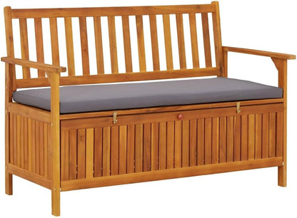 Solid Acacia Wood Patio Storage Bench 47.2 Inch with Seat Cushion, Outdoor Garden Bench with Armrests and Storage Compartment