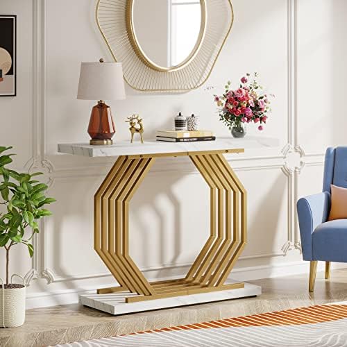 Tribesigns Gold Console Table, Faux Marble Entryway Table Narrow Sofa with Geometric Metal Base, 40 Inch Modern Accent Entrance for Living Room, Hallway, Foyer, White and Gold