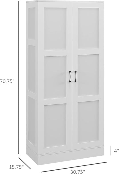 HOMCOM 71" Tall Storage Cabinet with Movable Storage Shelves, Modern Style Pantry Cabinet with Soft Close Doors, White