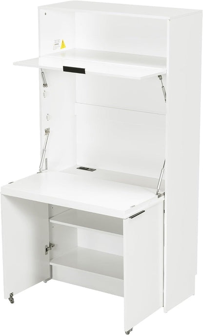Farmhouse Kitchen Pantry Cabinet with Foldable Workstation, Kitchen Storage Cabinets with Adjustable Shelf & Power Outlet, Versatile Cupboard for Dining Room, Living Room,White