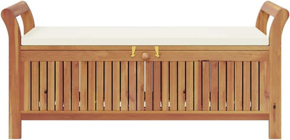 Solid Acacia Wood Garden Storage Bench with Cream White Cushion, 49.6 Inch Outdoor Bench with Storage for 2 People, Patio Seat with Lid and Polyester Cushion