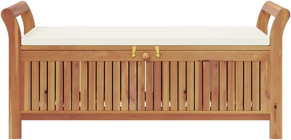 Solid Acacia Wood Patio Storage Bench 49.6 Inch | With Cushion, Curved Arms, Ample Storage for Pillows and Blankets, Assembly Manual Included
