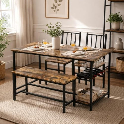 55-Inch Dining Table Set for 4 with Bench, Wine Rack, Rustic Brown | 4-Piece Kitchen Table Set with 2 Chairs, Bench, Stemware Holder and Storage Shelves for Small Spaces and Apartments
