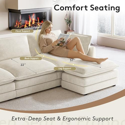 ROWHY 104'' Modular Sectional Cloud Couch with Movable Ottoman, 4 Seat Modern Corduroy Sofa, Deep Seat L Shaped Couch for Living Room Bedroom Apartment, Beige