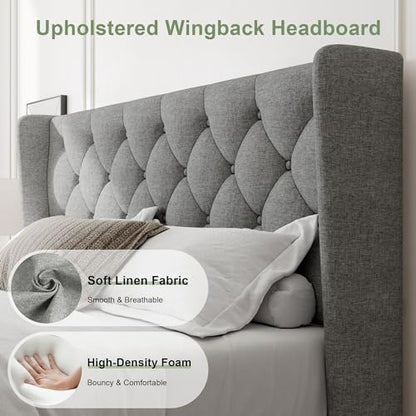 Feonase Queen Bed Frame with Upholstered Wingback Headboard, Platform Bed and Heavy Duty Wooden Slats Support, Easy Assembly, Noise-Free, No Box Spring Needed, Light Gray