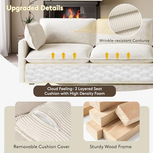 ROWHY 104'' Modular Sectional Cloud Couch with Movable Ottoman, 4 Seat Modern Corduroy Sofa, Deep Seat L Shaped Couch for Living Room Bedroom Apartment, Beige