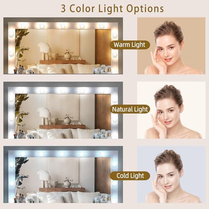 SweetGO 46" LED Lighted Makeup Vanity Desk, 7 Smooth-Glide Drawers, USB & AC Charging Station, Adjustable 3 Light Modes, Cushioned Stool Included, White