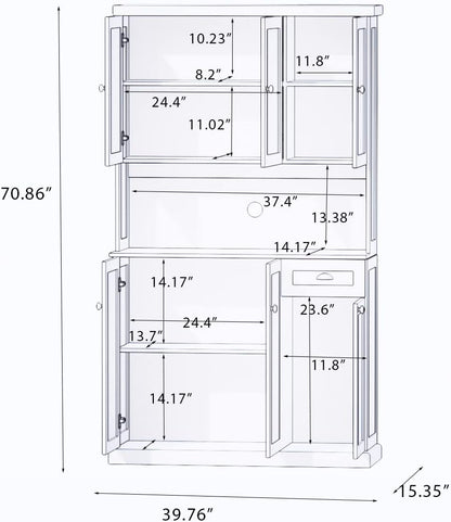 71" Tall Farmhouse Kitchen Pantry,Tall Kitchen Pantry with Microwave Oven Countertop,Freestanding Pantry Cabinet,Wood Pantry Storage Cabinet with Adjustable Shelves, 6 Doors and 1 Drawer