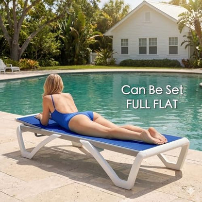 Kozyard Outdoor Chaise Lounge Chair, Full Flat Adjustable Patio Lounger with Aluminum Frame & Resin Legs, Textilene Fabric for Poolside, Backyard & Beach (Blue, Chair + Table)