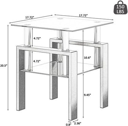 Set of 2, Modern Tempered Glass Tea Table Coffee Table End Table, Square Table for Living Room, Black