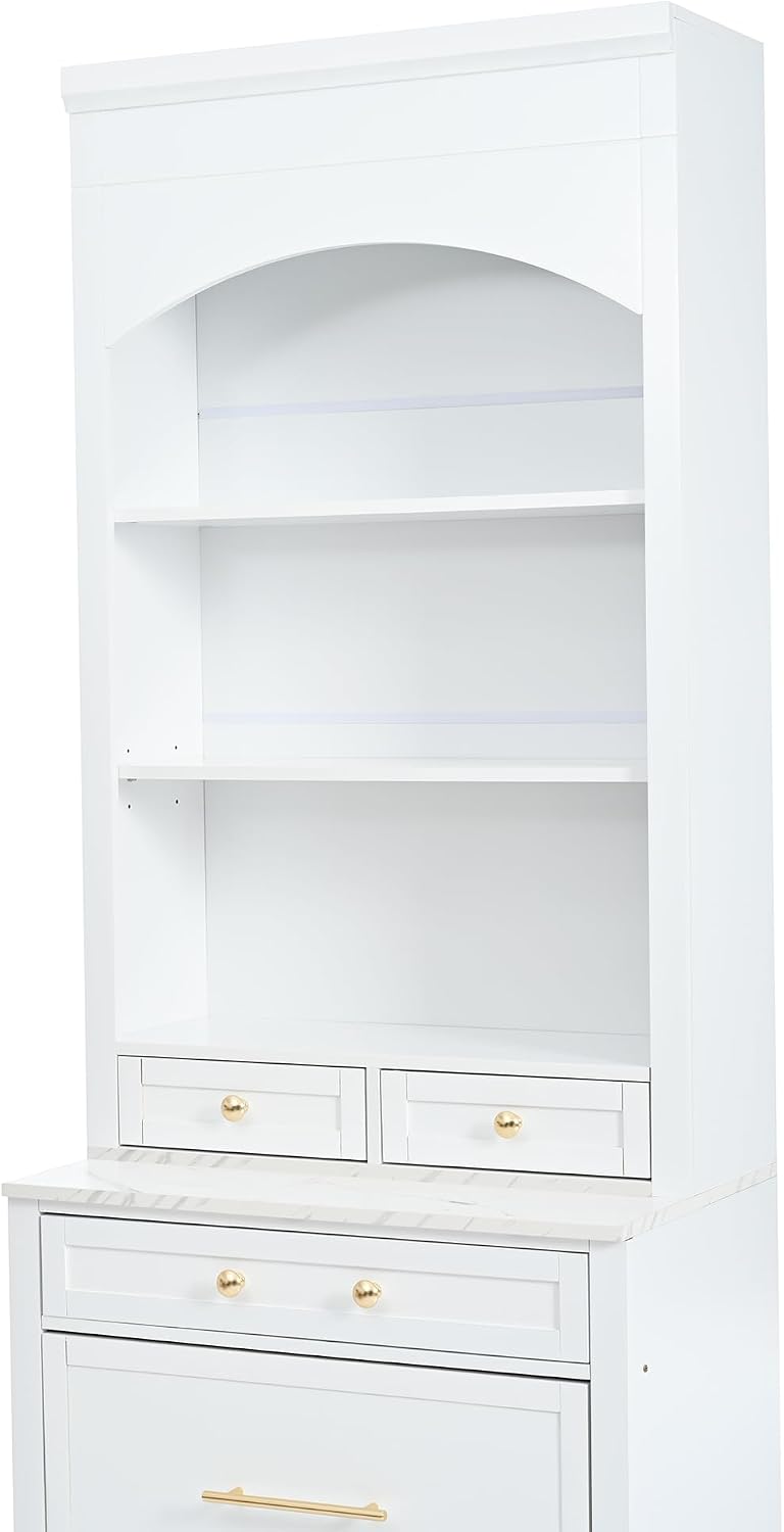 Modern 83.7inch High Kitchen Pantry, Freestanding Tall Kitchen Hutch with Faux Marble Top,Cupboard Cabinet with 5 Storage Drawers and Adjustable Shelf, Set of 2 (White-074)