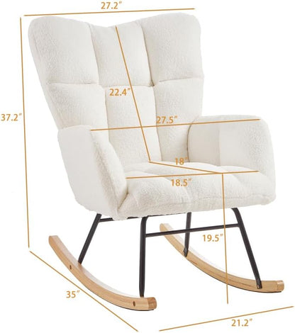 Glider Chair for Living Room Tufted Upholstered Teddy Fabric Rocking Chair with Metal Frame Accent Chair (Ivory)