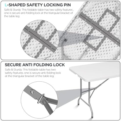 Folding Table Picnic Table, 8 ft Camping Table with Handle and Safety Locks | Foldable Portable Dining Table, Heavy Duty HDPE Plastic, Indoor Outdoor for Camping, Picnic and Party