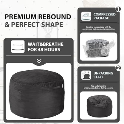 HABUTWAY Bean Bag Chair 3Ft Luxurious Velvet Ultra Soft Fur with High Rebound Memory Foam Bean Bag Chairs for Adults Plush Lazy Sofa with Fluffy Sponge 3' (Black New)