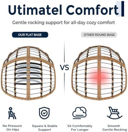 SWITTE Papasan Rocking Chair, Outdoor Wicker Egg Rocker with Cushion, Grey | Comfy Oversized Reading Chair, Cozy 30°-Rock Bed with 6" Cushion, Steel Frame 450LBS Capacity for Patio Porch Lawn
