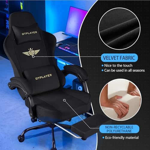 GTPLAYER Gaming Chair Fabric with Pocket Spring Cushion, Big and Tall Gamings Chairs 350LBS High Back Computer Chair with Footrest for Adults Lumbar Support Swivel Game Chair for Office Light Black