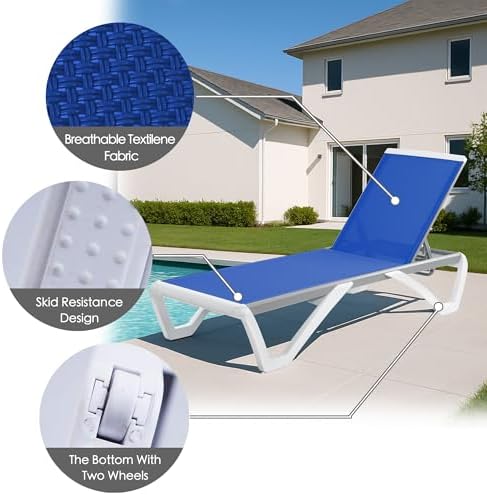 Kozyard Outdoor Chaise Lounge Chair, Full Flat Adjustable Patio Lounger with Aluminum Frame & Resin Legs, Textilene Fabric for Poolside, Backyard & Beach (Blue, 2Chairs + Table)