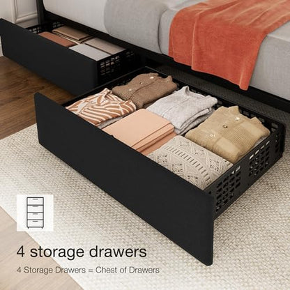 Garvee Full Size Bed Frame, Linen Bed Frame with 4 Storage Drawers, Black